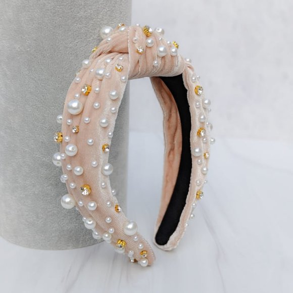 Champagne Pearl Knot Velvet Headband Pearl Beads Handmade Knotted Turban Bridal